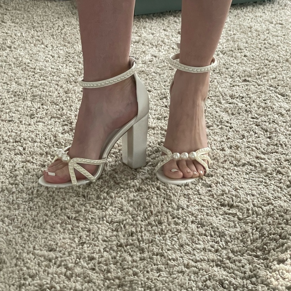 Pearl-Trim White Block Heel Sandals - Women's Dress Shoes